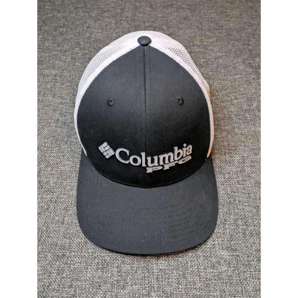 Columbia PFG Black White Mesh Back Fish Logo Hat Flexfit Large / XL Fishing Cap